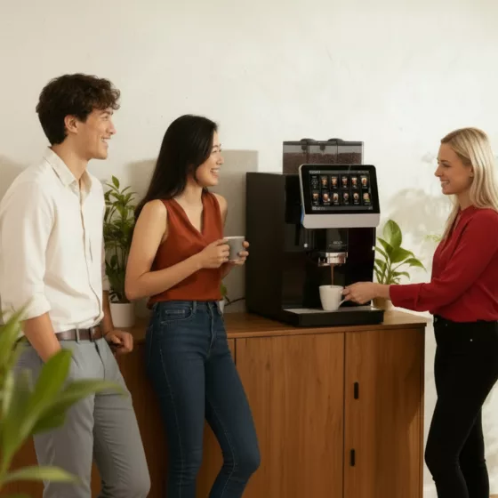 Des collègues discutant autour de la machine à café