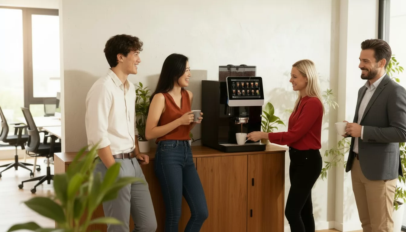 Des collègues discutant autour de la machine à café